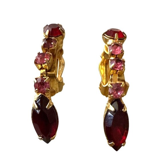 Vintage Gold-Tone Clip-On Earrings With Red & Pink Rhinestones - Picture 5 of 9